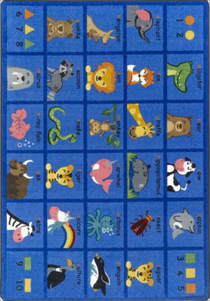 An educational kids rug with phonics and animals.