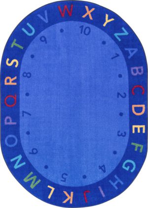 A blue oval educational kids rug with numbers and alphabets.