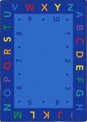 A blue educational kids rug with numbers and alphabets.