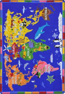 A kids rug with a whimsical map of the world