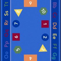 A blue round educational kids rug with numbers, shapes and alphabets in upper and lower case.