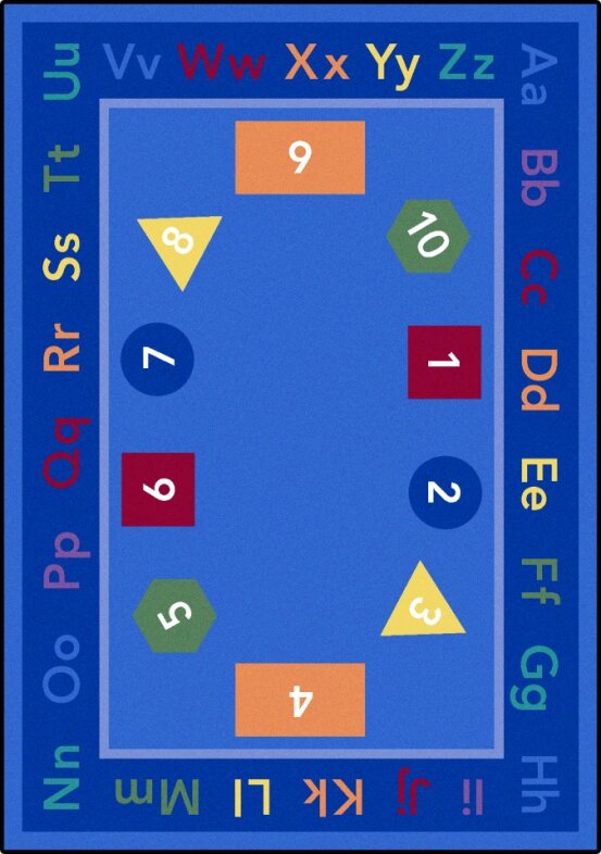 FUN-DAMENTALS RUG 1 A blue round educational kids rug with numbers, shapes and alphabets in upper and lower case.