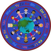 A round blue kids rug with children holding hands around the world and the alphabet in upper and lower case around the edge.