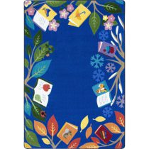 A childrens rug with the seasons and books.
