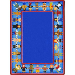 A rectangle blue kids rug with children of many cultures holding hands around the edge of this rug.