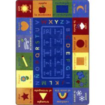 A spanish and english educational childrens rug with numbers letters and words.