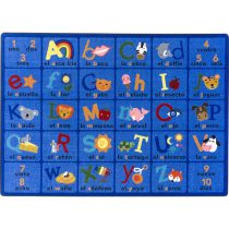 A spanish and english educational childrens rug with numbers letters and words.