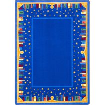 A blue childrens rug with books and stars around the edge
