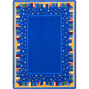 A blue childrens rug with books and stars around the edge