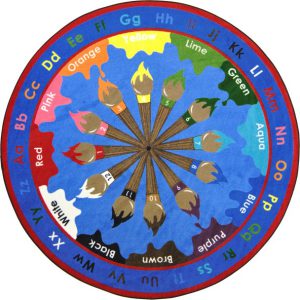 A round educational kids rug with different color paint brushes and their respective words with the alphabet around the edge of this rug.