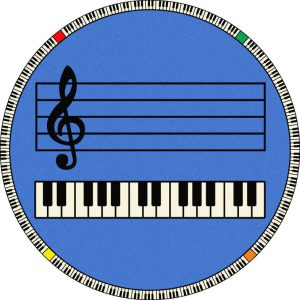 A round blue music rug with piano keys and music bar in the center.