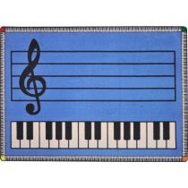 A rectangle blue music rug with piano keys and music bar in the center.