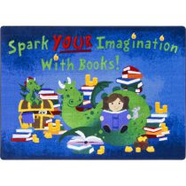 A rectangle childrens rug with books and kids reading.