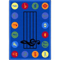 A rectangle blue music rug with music notes around the edge and music bar in the center.